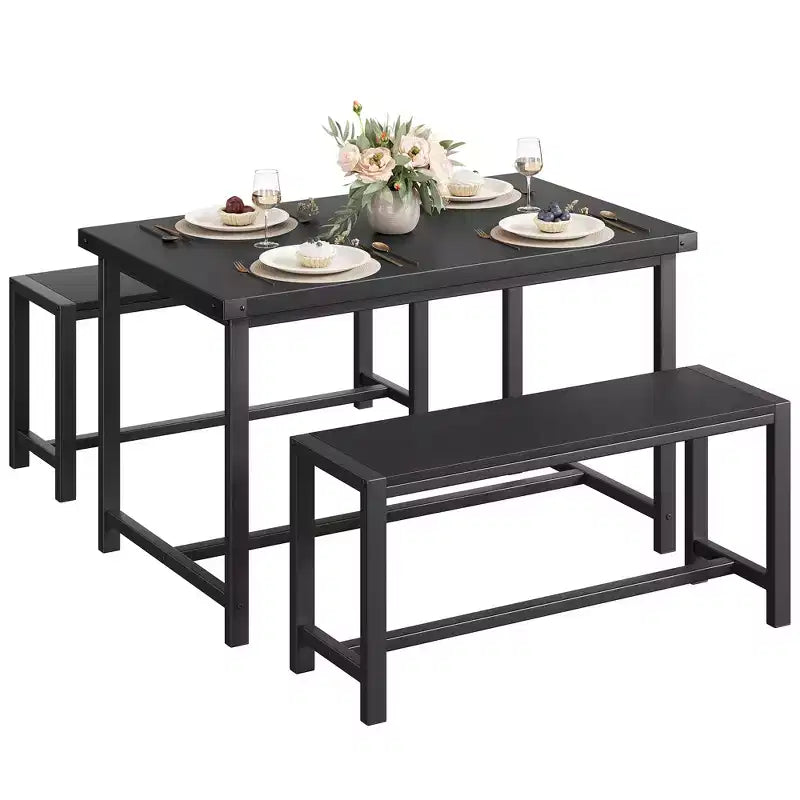 Space-Saving Dining Table Set for 4-6, Rectangular Metal & Wood Table with 2 Benches, Easy Assembly, for Apartments, Small Spaces