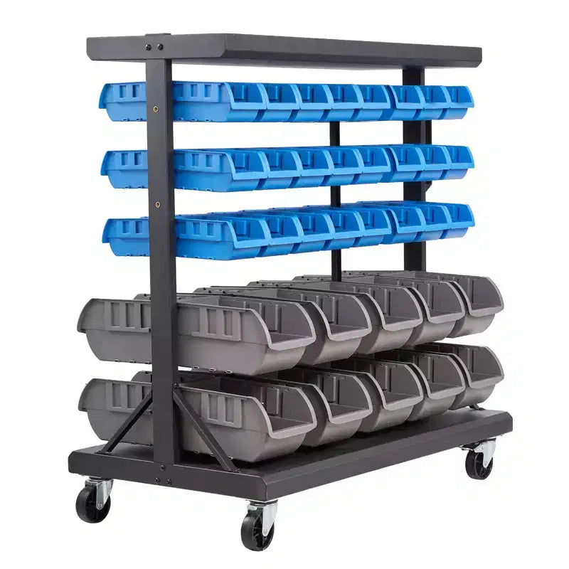 VEVOR 5-Tier Double-Sided Rolling Bin Storage Rack, 68 Plastic Bins, Dual-Sided Parts Organizer with Wheels, Mobile Tool Organizer, Black