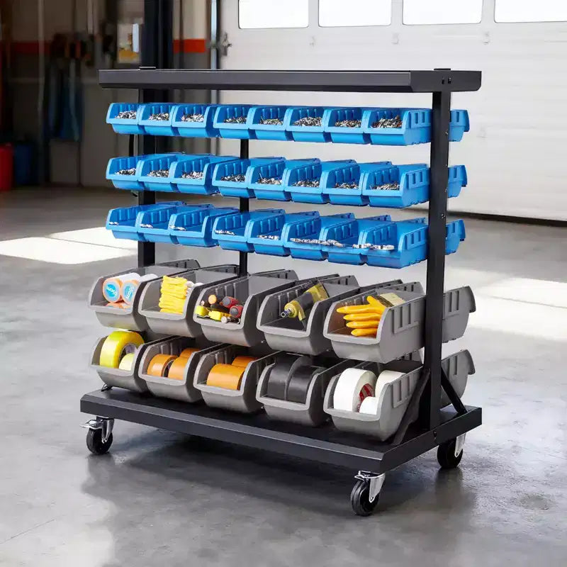 Étagère de rangement roulante double face VEVOR à 5 niveaux, 68 bacs en plastique, organisateur de pièces double face avec roues, organisateur d'outils mobile, noir