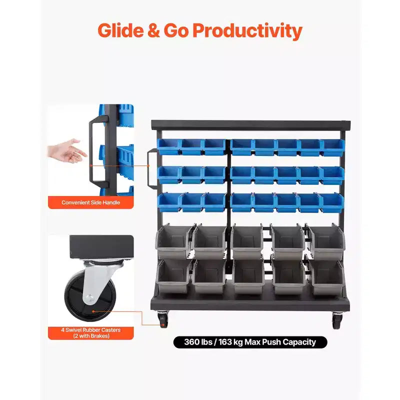 Étagère de rangement roulante double face VEVOR à 5 niveaux, 68 bacs en plastique, organisateur de pièces double face avec roues, organisateur d'outils mobile, noir