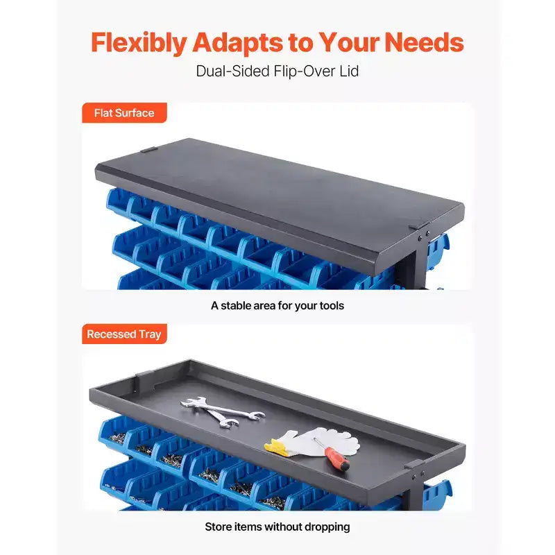 Étagère de rangement roulante double face VEVOR à 5 niveaux, 68 bacs en plastique, organisateur de pièces double face avec roues, organisateur d'outils mobile, noir