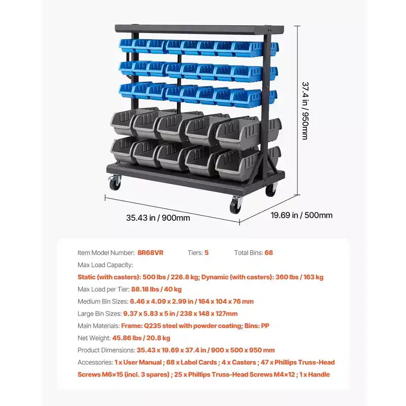 Étagère de rangement roulante double face VEVOR à 5 niveaux, 68 bacs en plastique, organisateur de pièces double face avec roues, organisateur d'outils mobile, noir