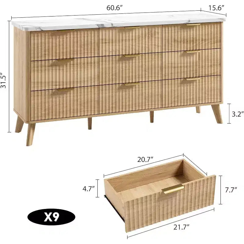 Commode moderne à 9 tiroirs pour chambre à coucher, large commode nervurée avec poignées dorées, commode en bois robuste pour salon, couloir, entrée