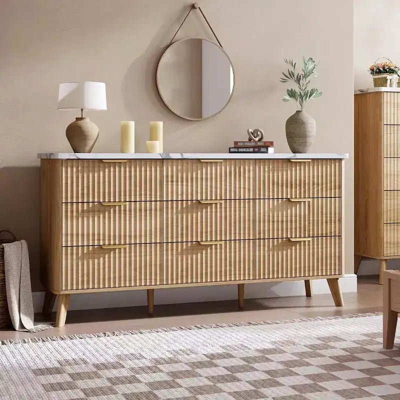 Commode moderne à 9 tiroirs pour chambre à coucher, large commode nervurée avec poignées dorées, commode en bois robuste pour salon, couloir, entrée