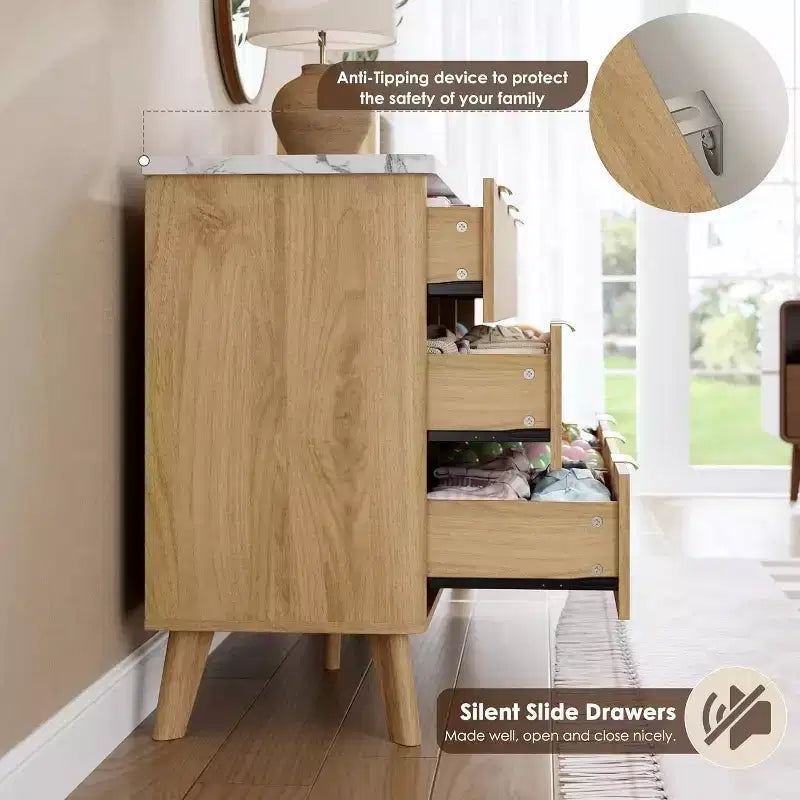 Commode moderne à 9 tiroirs pour chambre à coucher, large commode nervurée avec poignées dorées, commode en bois robuste pour salon, couloir, entrée