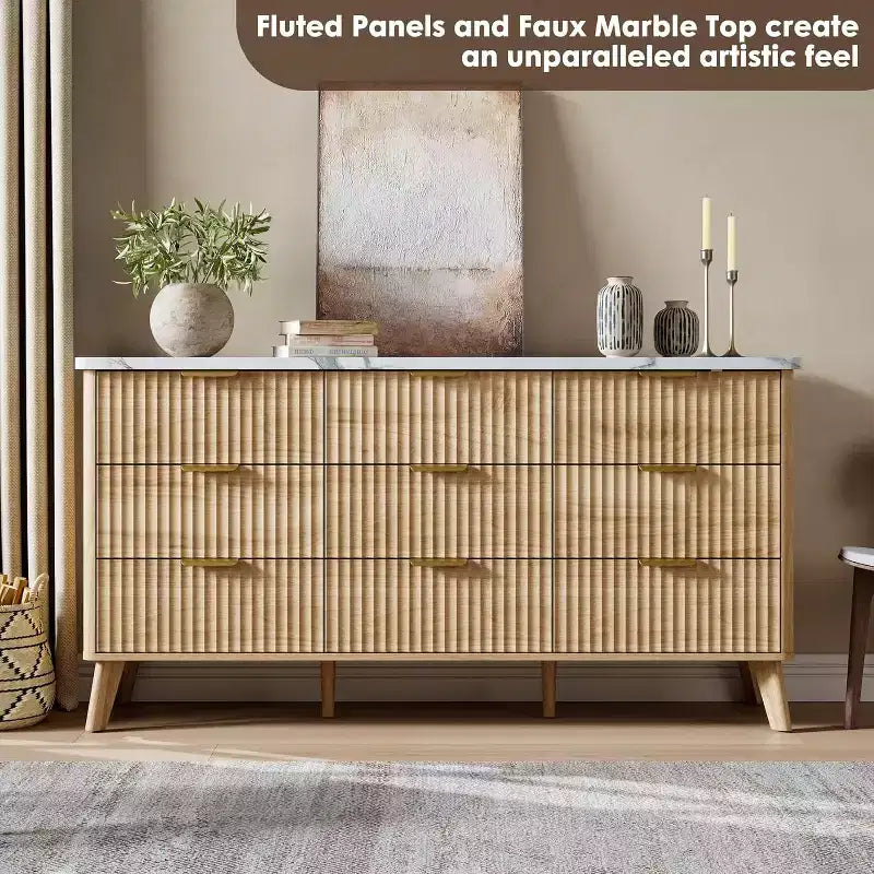 Commode moderne à 9 tiroirs pour chambre à coucher, large commode nervurée avec poignées dorées, commode en bois robuste pour salon, couloir, entrée
