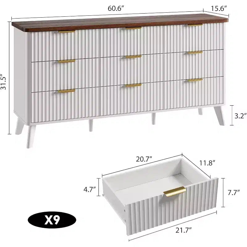 Commode moderne à 9 tiroirs pour chambre à coucher, large commode nervurée avec poignées dorées, commode en bois robuste pour salon, couloir, entrée