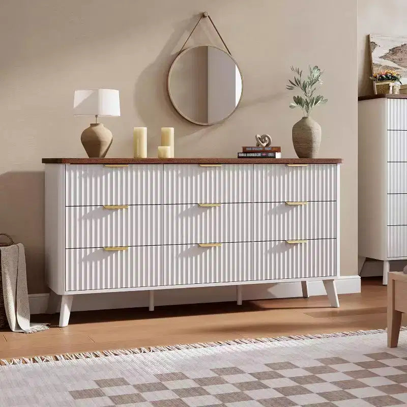 Commode moderne à 9 tiroirs pour chambre à coucher, large commode nervurée avec poignées dorées, commode en bois robuste pour salon, couloir, entrée