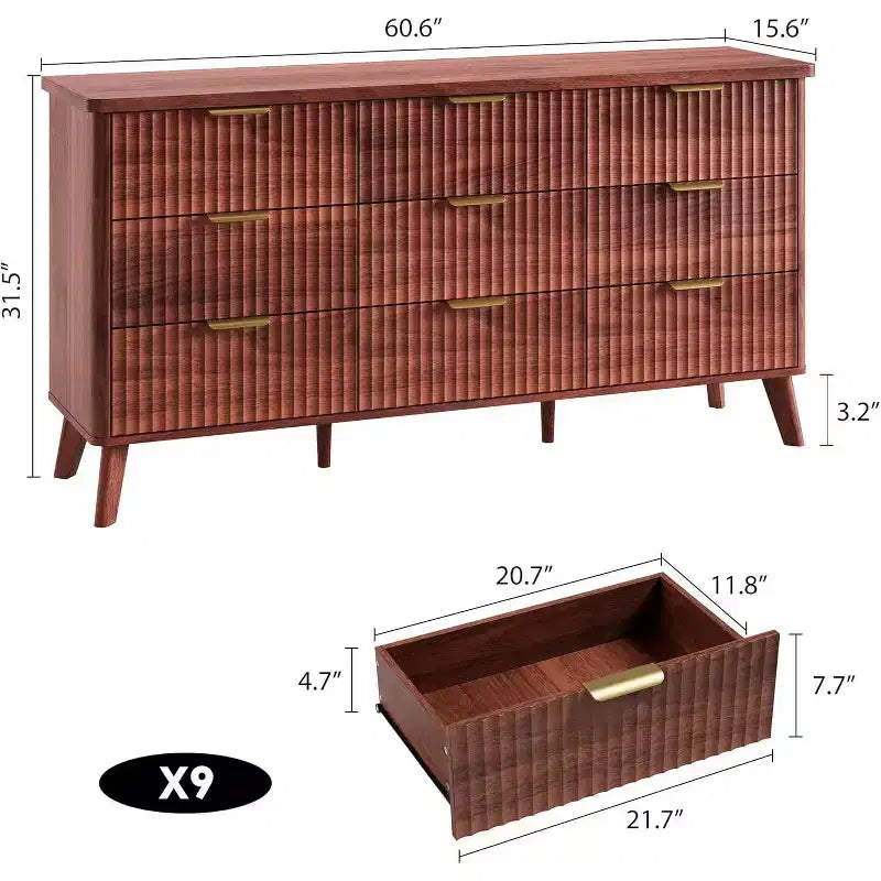 Commode moderne à 9 tiroirs pour chambre à coucher, large commode nervurée avec poignées dorées, commode en bois robuste pour salon, couloir, entrée