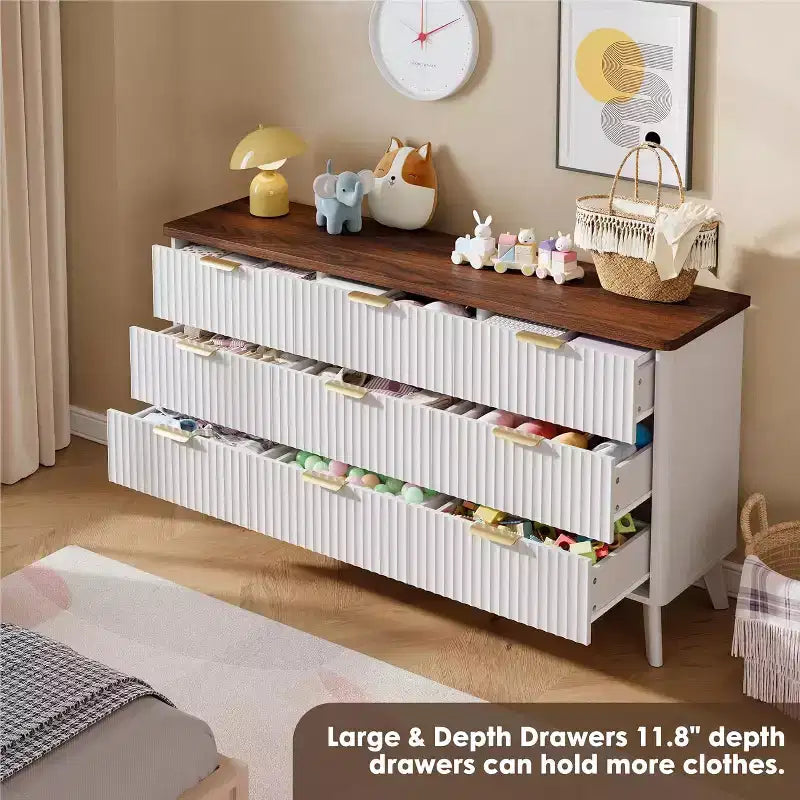 Commode moderne à 9 tiroirs pour chambre à coucher, large commode nervurée avec poignées dorées, commode en bois robuste pour salon, couloir, entrée