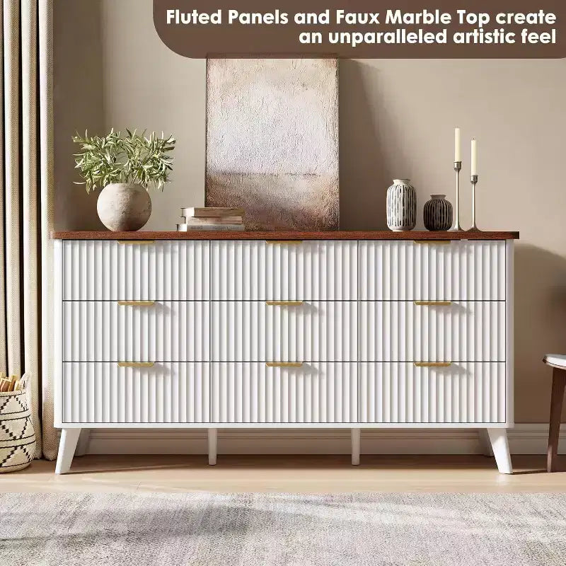 Commode moderne à 9 tiroirs pour chambre à coucher, large commode nervurée avec poignées dorées, commode en bois robuste pour salon, couloir, entrée