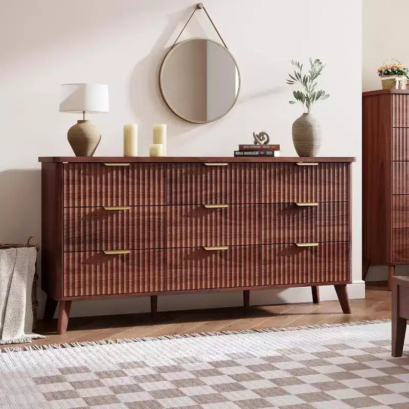 Commode moderne à 9 tiroirs pour chambre à coucher, large commode nervurée avec poignées dorées, commode en bois robuste pour salon, couloir, entrée