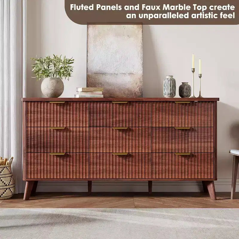 Commode moderne à 9 tiroirs pour chambre à coucher, large commode nervurée avec poignées dorées, commode en bois robuste pour salon, couloir, entrée