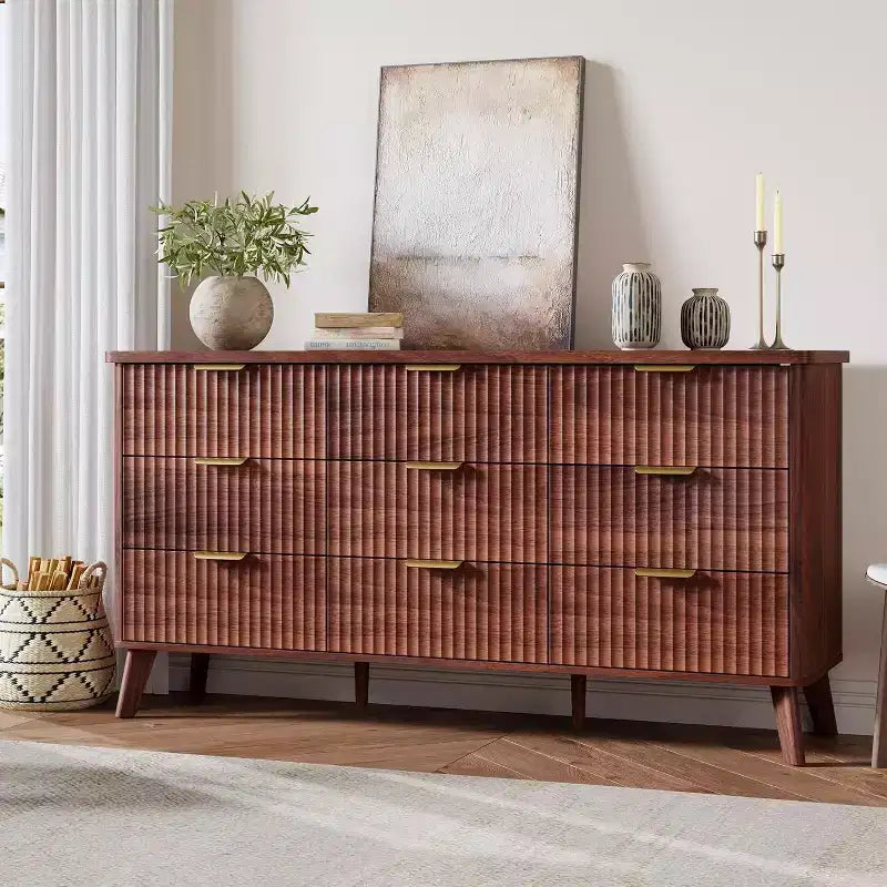 Modern 9 Drawer Dresser for Bedroom, Wide Ribbed Dresser with Golden Handles, Sturdy Wooden Chest of Drawers for Living Room Hallway Entryway
