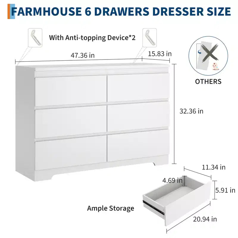 Commode à 6 tiroirs, commodes à 6 tiroirs pour le rangement des vêtements dans la chambre, commode double en bois