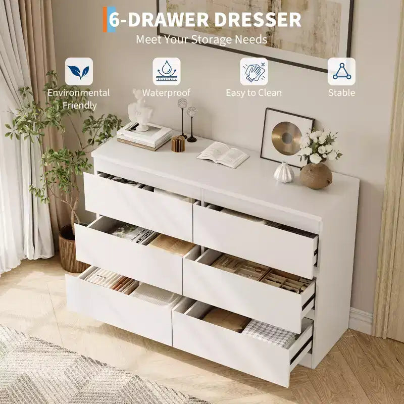 Commode à 6 tiroirs, commodes à 6 tiroirs pour le rangement des vêtements dans la chambre, commode double en bois