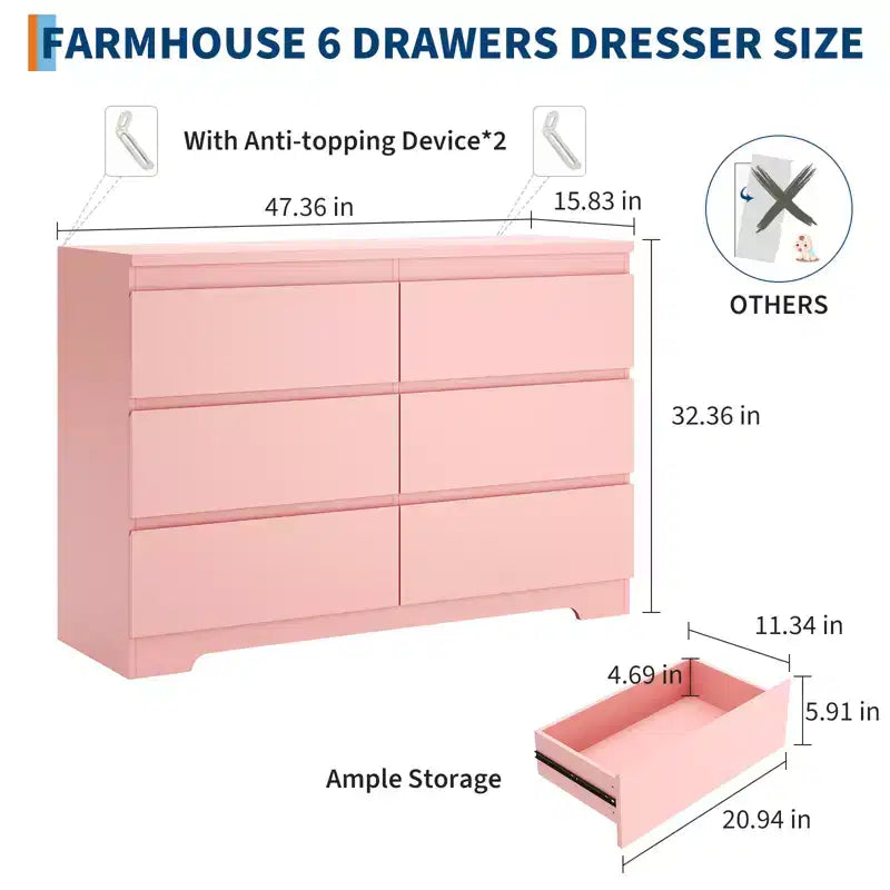 Commode à 6 tiroirs, commodes à 6 tiroirs pour le rangement des vêtements dans la chambre, commode double en bois