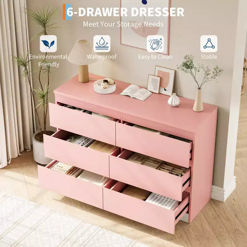 Commode à 6 tiroirs, commodes à 6 tiroirs pour le rangement des vêtements dans la chambre, commode double en bois