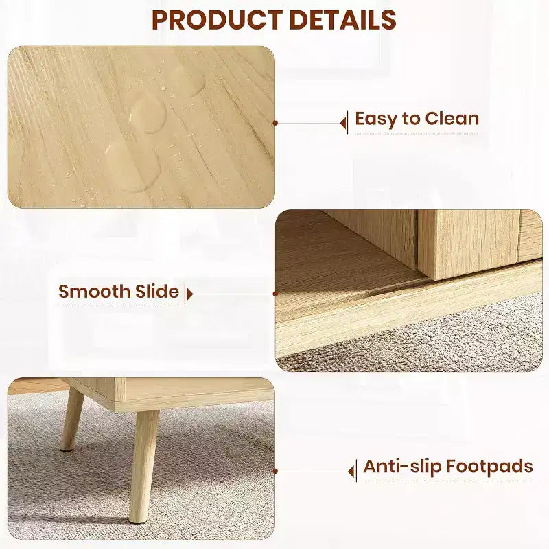 Table basse Bohème en rotin, 39,4 po, table basse moderne avec porte coulissante et étagère ouverte, table de salon en bois avec patins antidérapants