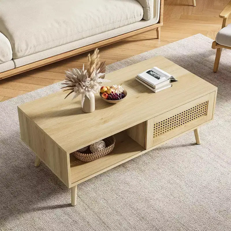 Table basse Bohème en rotin, 39,4 po, table basse moderne avec porte coulissante et étagère ouverte, table de salon en bois avec patins antidérapants