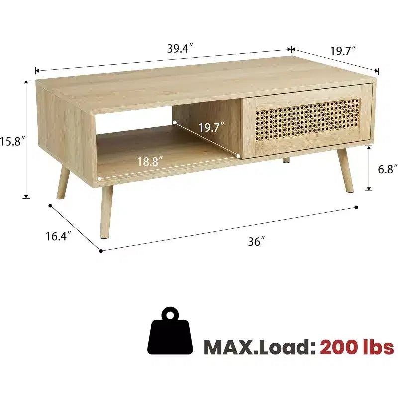 Table basse Bohème en rotin, 39,4 po, table basse moderne avec porte coulissante et étagère ouverte, table de salon en bois avec patins antidérapants