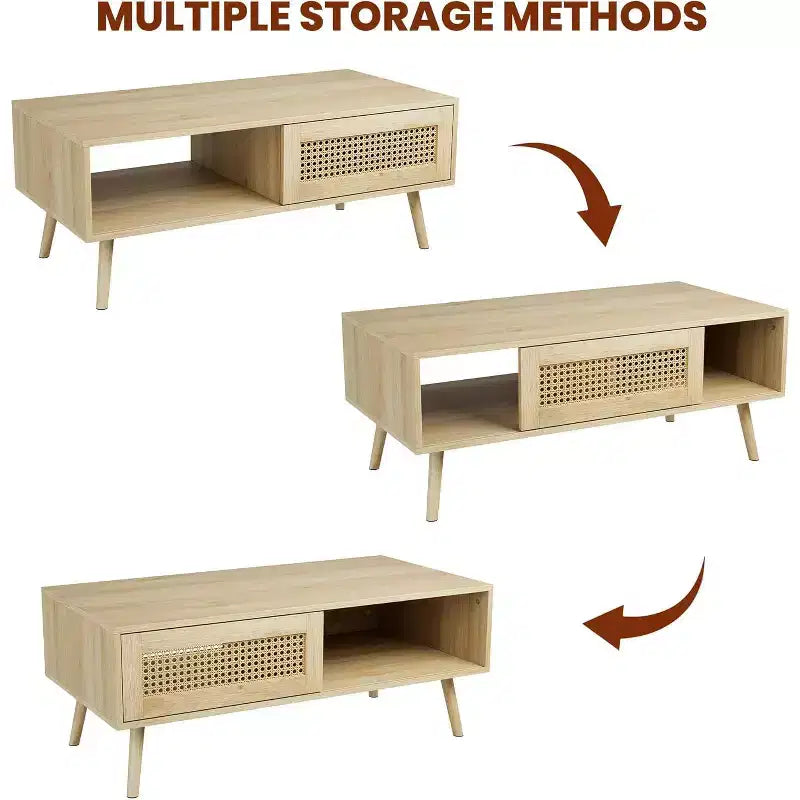 Table basse Bohème en rotin, 39,4 po, table basse moderne avec porte coulissante et étagère ouverte, table de salon en bois avec patins antidérapants