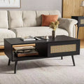 Boho Rattan Coffee Table, 39.4 Modern Coffee Table with Sliding Door and Open Shelf, Wooden Living Room Table with Anti-Slip Footpads