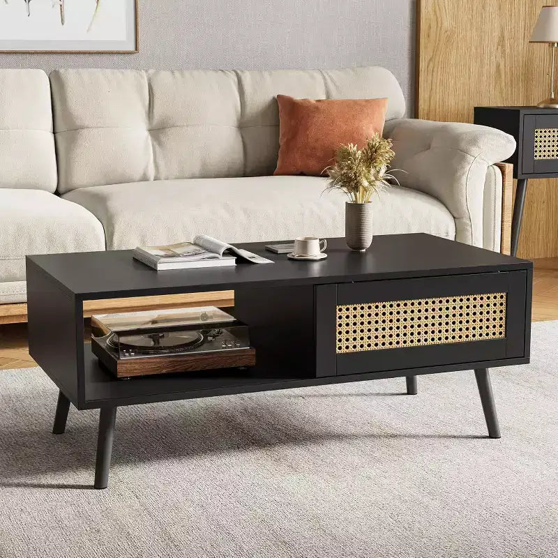 Boho Rattan Coffee Table, 39.4 Modern Coffee Table with Sliding Door and Open Shelf, Wooden Living Room Table with Anti-Slip Footpads