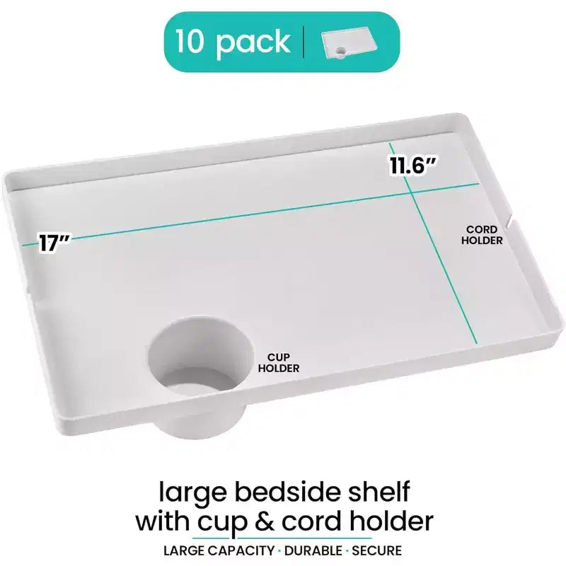 Modern Innovations Grande étagère de chevet, lot de 10, blanc, à clipser, avec porte-gobelet et passe-câbles pour dortoir universitaire, lit superposé, lit en hauteur
