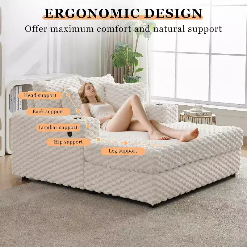 Oversized Chaise Lounge Chair 60 Inch, Upholstered Reading Chair with Throw Pillows, Modern Sleeper Sofa Bed for Living Room Bedroom, Beige