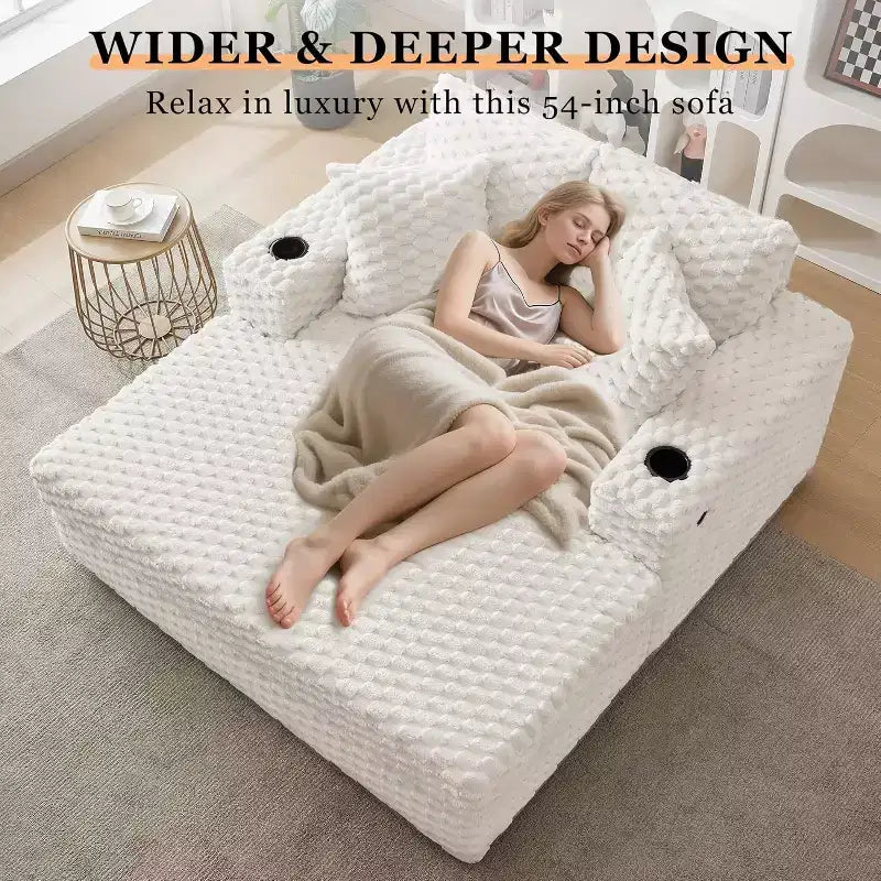 Chaise longue surdimensionnée 152 cm, chaise de lecture rembourrée avec coussins décoratifs, canapé-lit moderne pour salon et chambre, beige