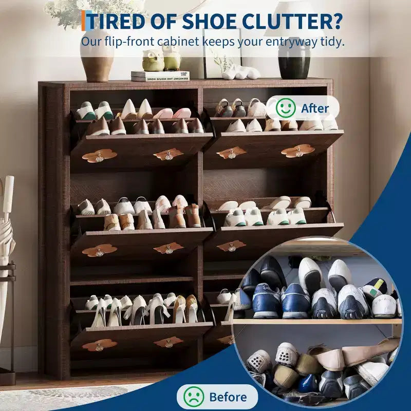 Meuble à chaussures 6 tiroirs basculants avec étagères réglables - Motif floral et poignée diamant, Organisateur d'entrée peu encombrant avec dispositif anti-basculement