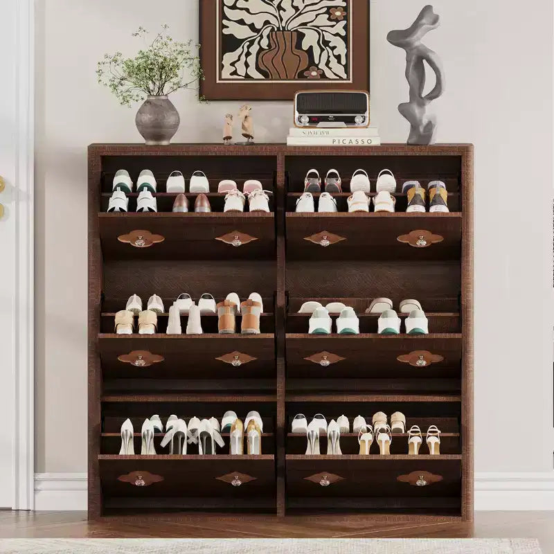 Meuble à chaussures 6 tiroirs basculants avec étagères réglables - Motif floral et poignée diamant, Organisateur d'entrée peu encombrant avec dispositif anti-basculement