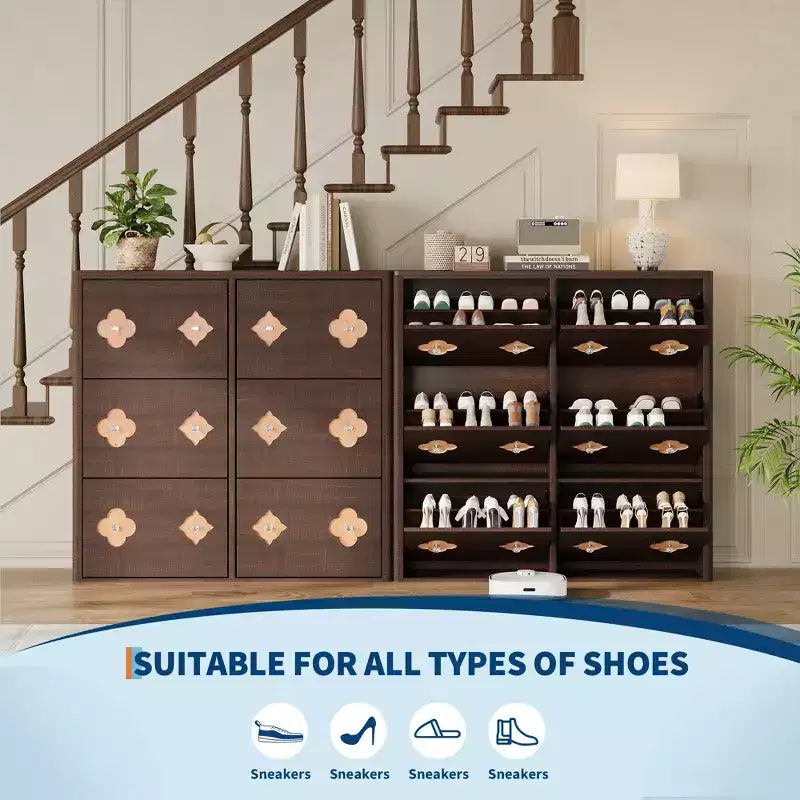 Meuble à chaussures 6 tiroirs basculants avec étagères réglables - Motif floral et poignée diamant, Organisateur d'entrée peu encombrant avec dispositif anti-basculement
