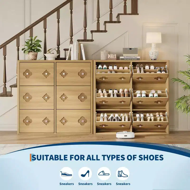 Meuble à chaussures 6 tiroirs basculants avec étagères réglables - Motif floral et poignée diamant, Organisateur d'entrée peu encombrant avec dispositif anti-basculement