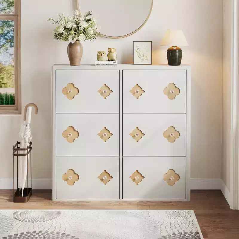 Meuble à chaussures 6 tiroirs basculants avec étagères réglables - Motif floral et poignée diamant, Organisateur d'entrée peu encombrant avec dispositif anti-basculement
