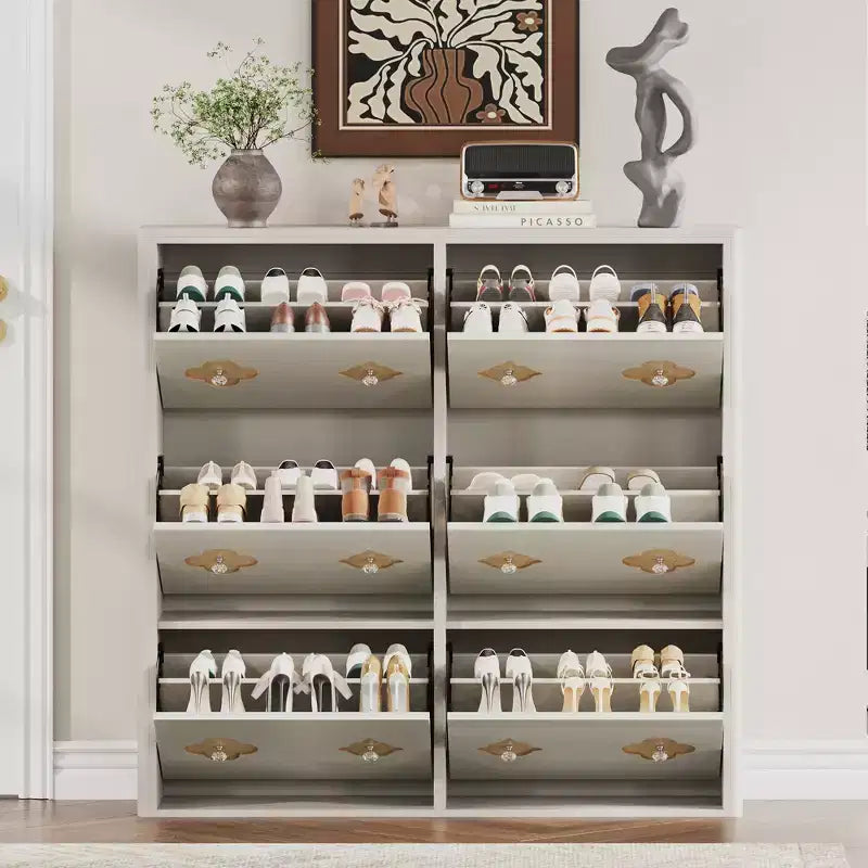 Meuble à chaussures 6 tiroirs basculants avec étagères réglables - Motif floral et poignée diamant, Organisateur d'entrée peu encombrant avec dispositif anti-basculement