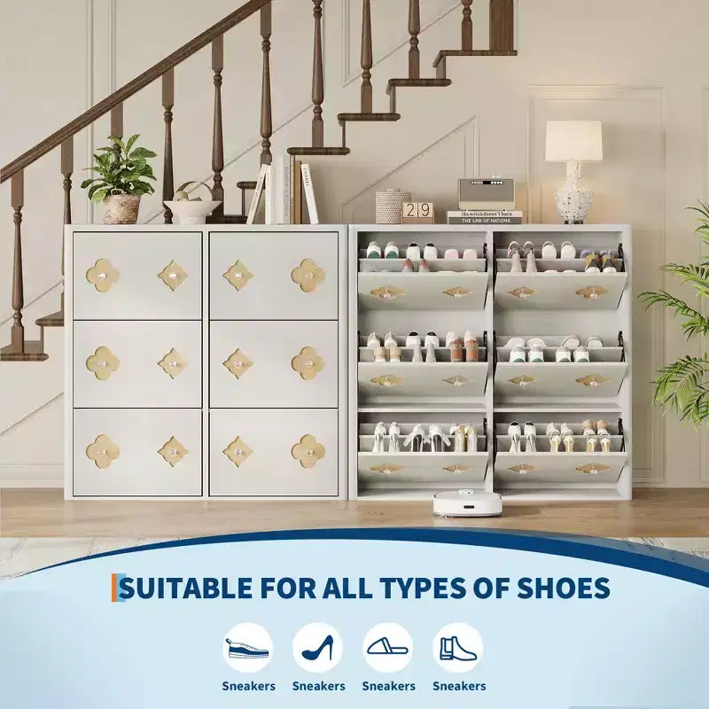 Meuble à chaussures 6 tiroirs basculants avec étagères réglables - Motif floral et poignée diamant, Organisateur d'entrée peu encombrant avec dispositif anti-basculement