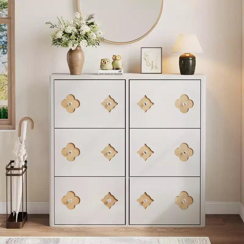6 Flip-Drawer Shoe Cabinet with Adjustable Shelves - Flower Pattern & Diamond Handle, Space-Saving Entryway Organizer with Anti-Tip Safety