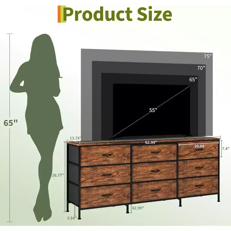 Meuble TV DobleePy 63 avec commode à 9 tiroirs, meuble TV pour téléviseurs de 55 à 70 pouces, meuble de rangement en tissu pour salon et chambre, cadre en métal