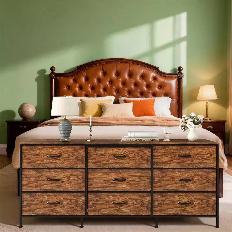 Meuble TV DobleePy 63 avec commode à 9 tiroirs, meuble TV pour téléviseurs de 55 à 70 pouces, meuble de rangement en tissu pour salon et chambre, cadre en métal