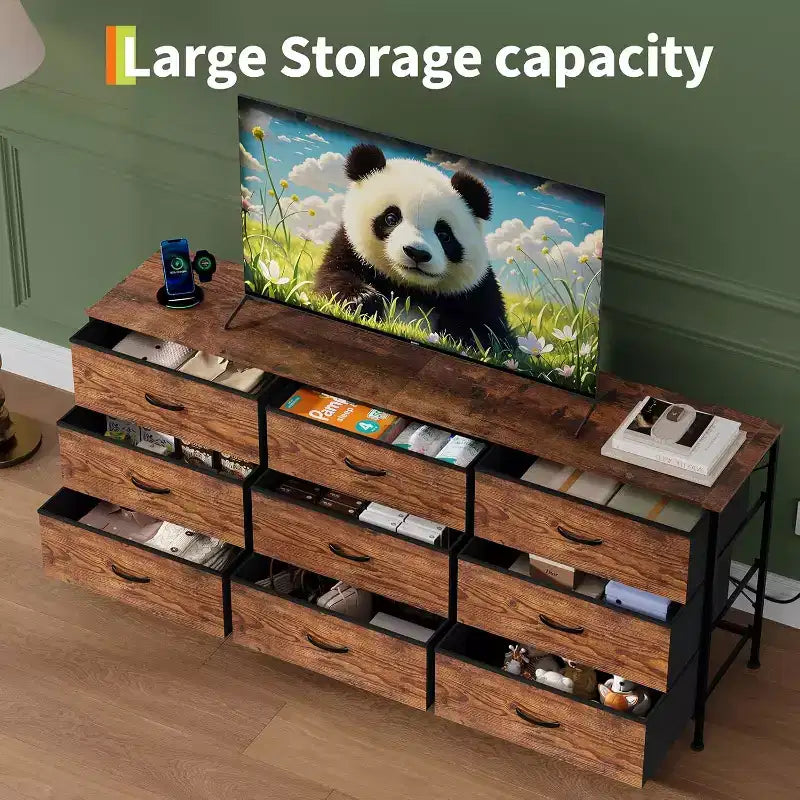 Meuble TV DobleePy 63 avec commode à 9 tiroirs, meuble TV pour téléviseurs de 55 à 70 pouces, meuble de rangement en tissu pour salon et chambre, cadre en métal