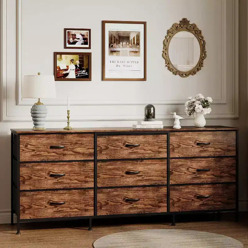 Meuble TV DobleePy 63 avec commode à 9 tiroirs, meuble TV pour téléviseurs de 55 à 70 pouces, meuble de rangement en tissu pour salon et chambre, cadre en métal