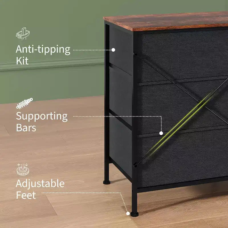 Meuble TV DobleePy 63 avec commode à 9 tiroirs, meuble TV pour téléviseurs de 55 à 70 pouces, meuble de rangement en tissu pour salon et chambre, cadre en métal