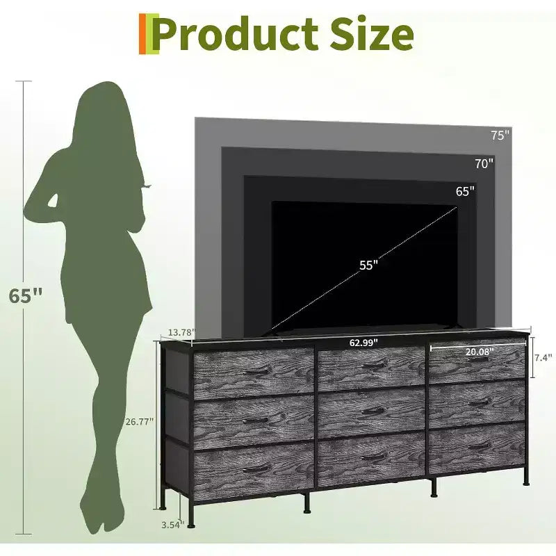 Meuble TV DobleePy 63 avec commode à 9 tiroirs, meuble TV pour téléviseurs de 55 à 70 pouces, meuble de rangement en tissu pour salon et chambre, cadre en métal
