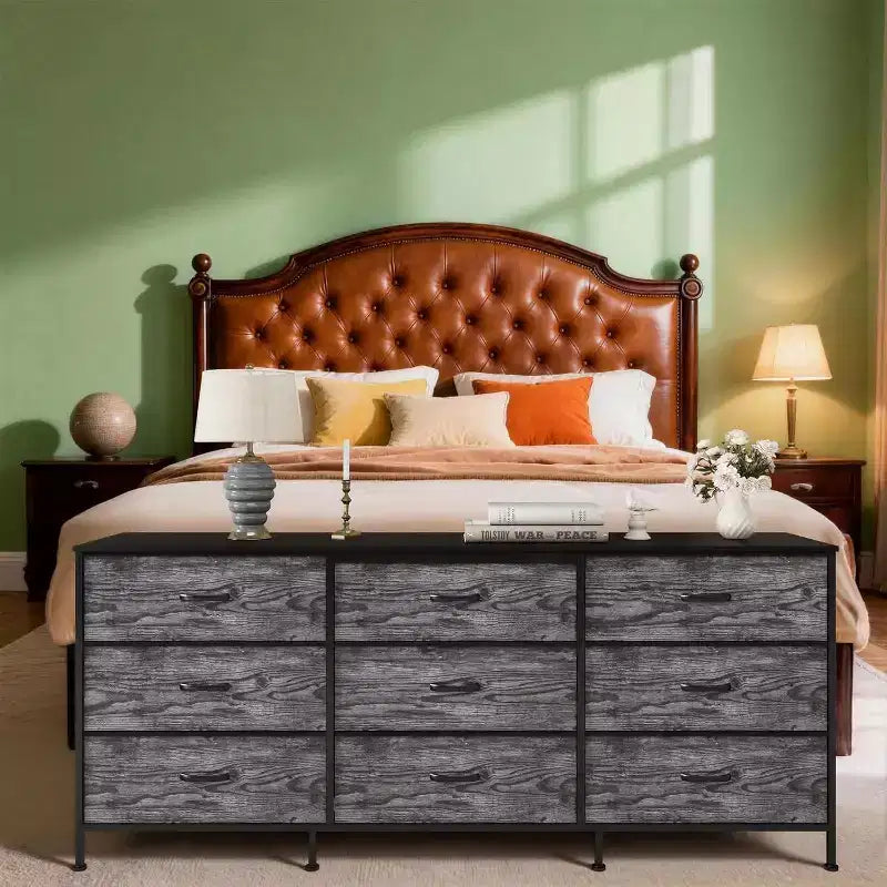 Meuble TV DobleePy 63 avec commode à 9 tiroirs, meuble TV pour téléviseurs de 55 à 70 pouces, meuble de rangement en tissu pour salon et chambre, cadre en métal