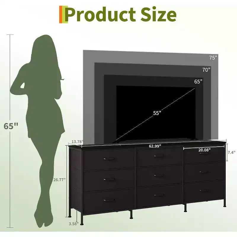 Meuble TV DobleePy 63 avec commode à 9 tiroirs, meuble TV pour téléviseurs de 55 à 70 pouces, meuble de rangement en tissu pour salon et chambre, cadre en métal