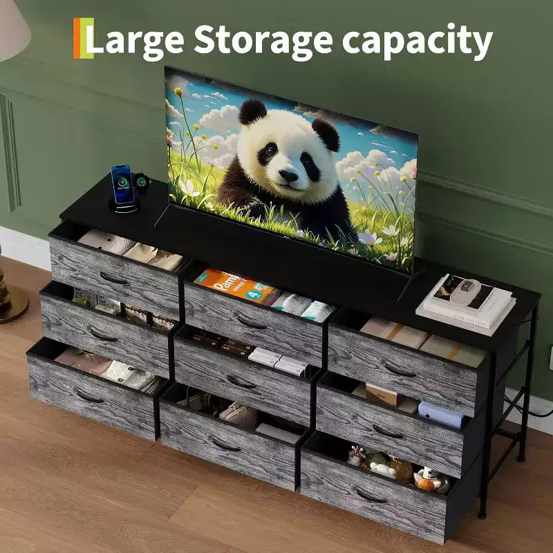 Meuble TV DobleePy 63 avec commode à 9 tiroirs, meuble TV pour téléviseurs de 55 à 70 pouces, meuble de rangement en tissu pour salon et chambre, cadre en métal