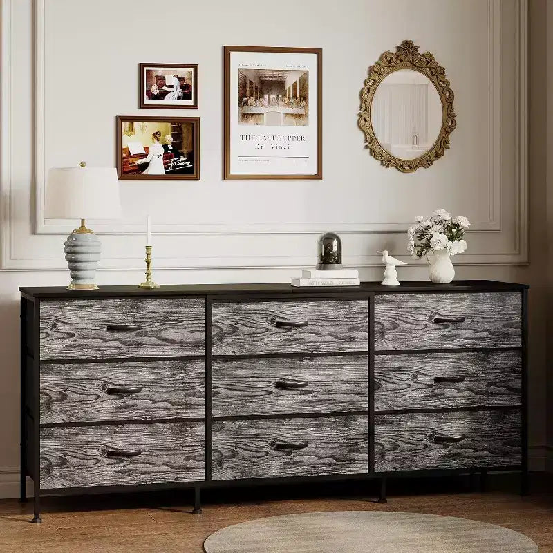 Meuble TV DobleePy 63 avec commode à 9 tiroirs, meuble TV pour téléviseurs de 55 à 70 pouces, meuble de rangement en tissu pour salon et chambre, cadre en métal