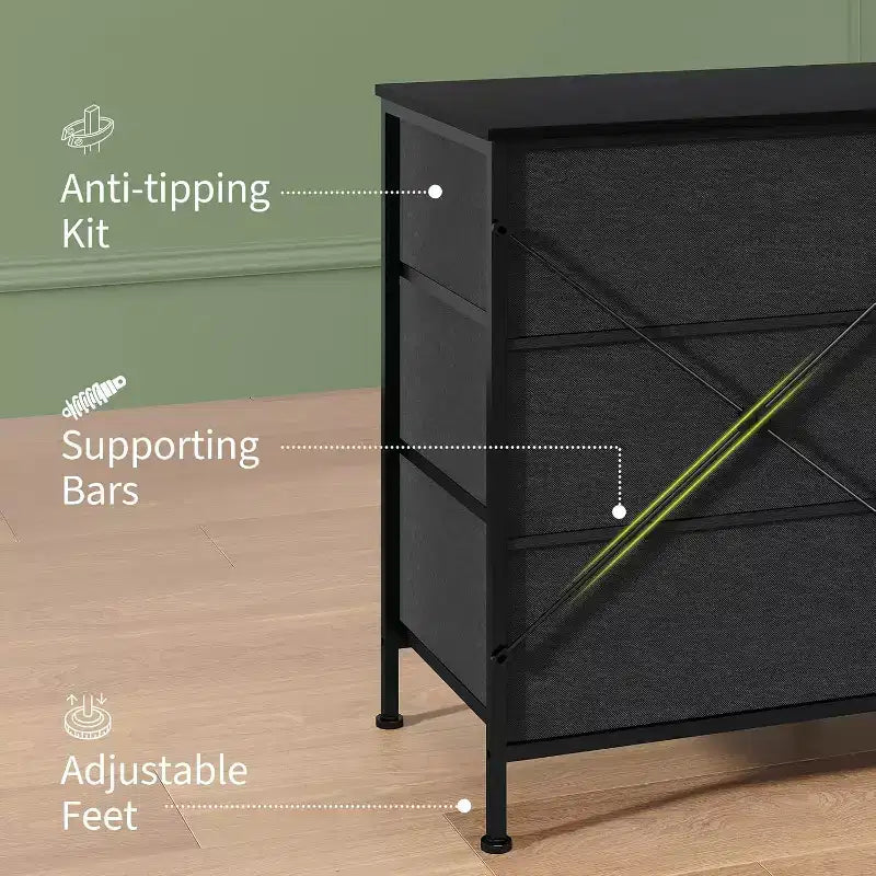 Meuble TV DobleePy 63 avec commode à 9 tiroirs, meuble TV pour téléviseurs de 55 à 70 pouces, meuble de rangement en tissu pour salon et chambre, cadre en métal